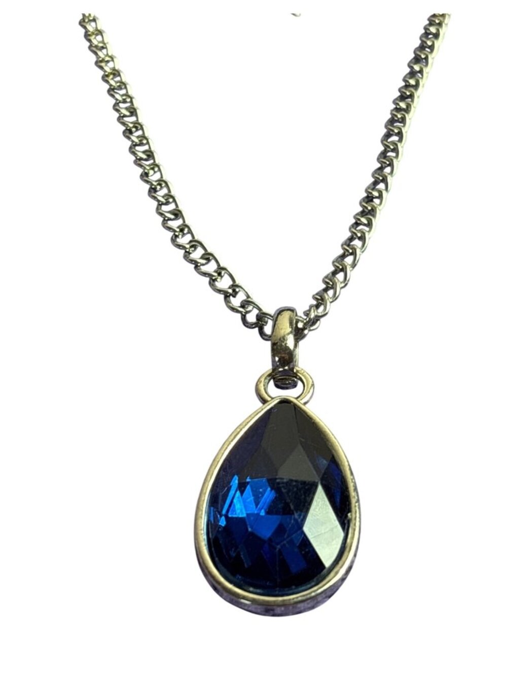 Dark Blue Rhinestone Pendant Necklace Silvertone Chain 17 - 20.5 inches Long